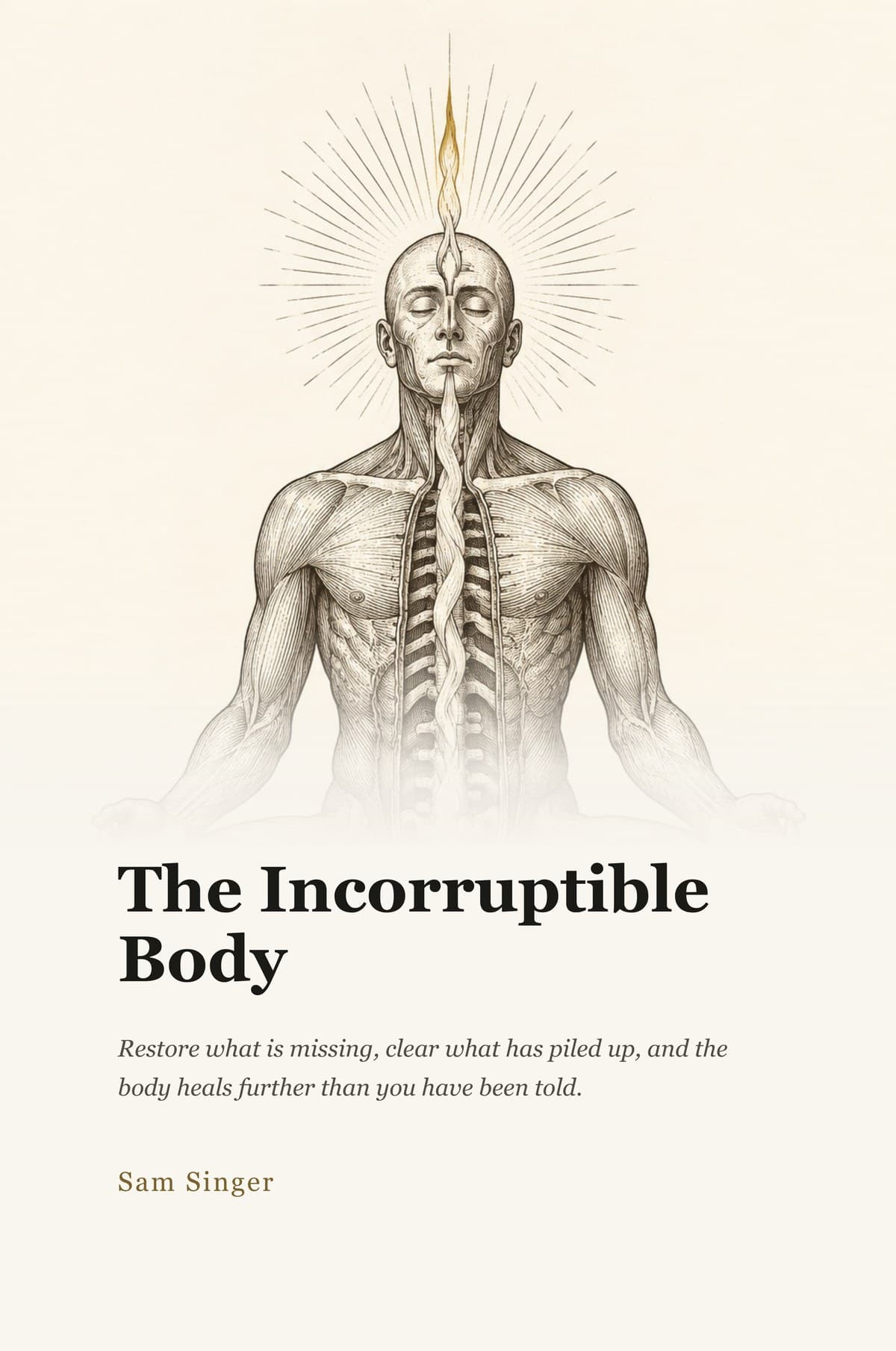 Cover of The Incorruptible Body, a luminous gold figure in meditation against black.