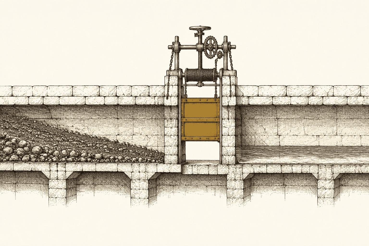 An engraved plate of a stone channel in cut-away, silt choking the bed on one side of an open brass sluice gate and clear water running on the other.