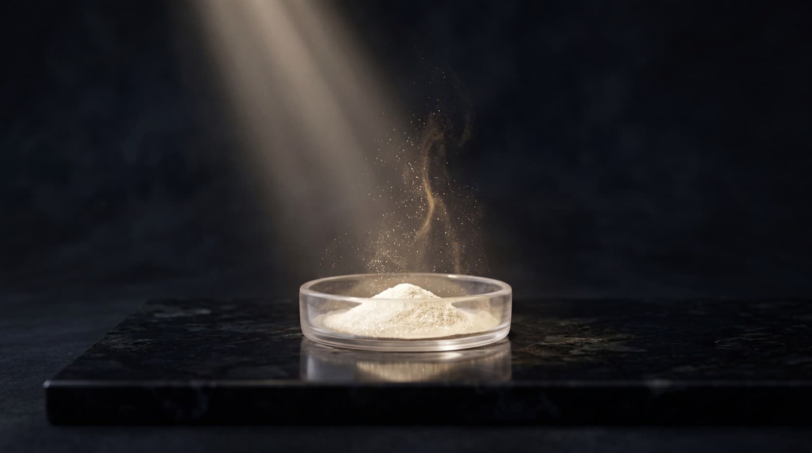 A shallow quartz crucible holding a small mound of luminous white-gold powder under a shaft of soft light, fine aurum particles lifting from its surface, set on a polished obsidian field.