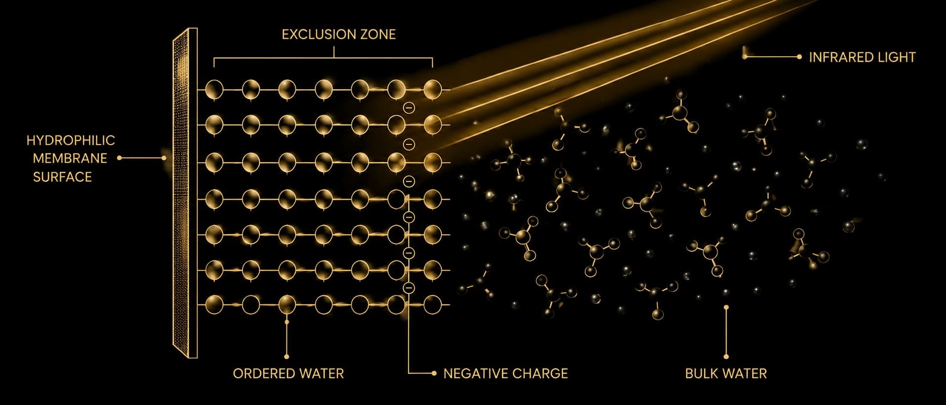 A labelled aurum cross-section on obsidian of a hydrophilic membrane with ordered, layered exclusion-zone water building against it, dissolved particles pushed away into the bulk liquid beyond, infrared light arriving to power the structuring, negative charge marked in the zone.