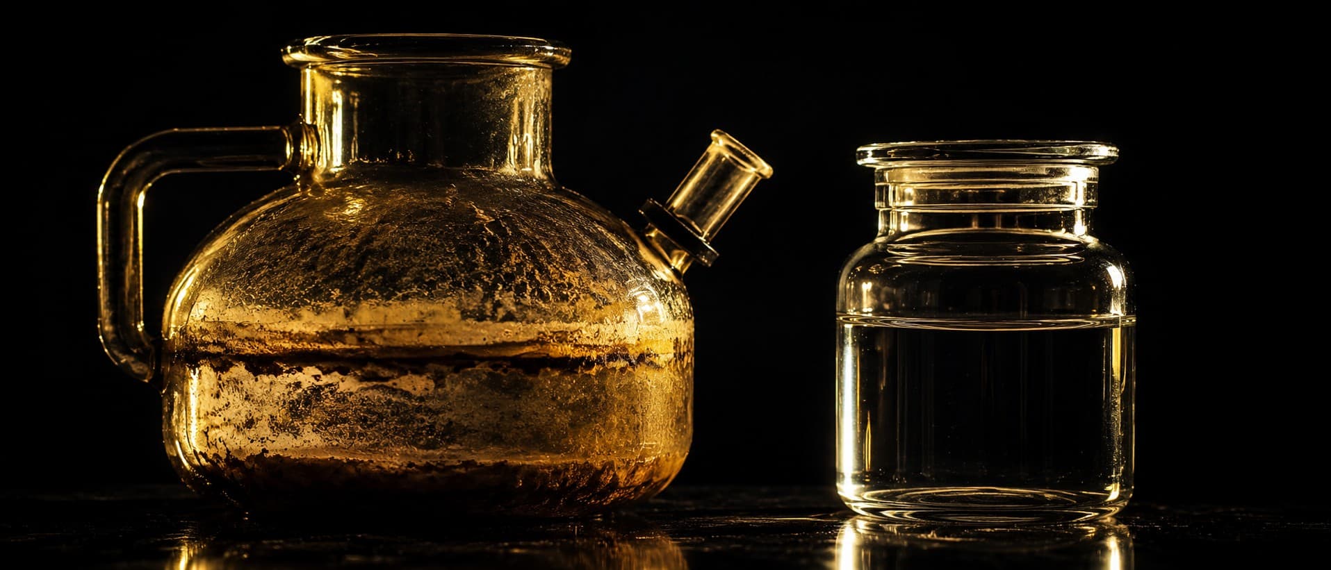 A glass boiling chamber on obsidian, its interior stained with a ring of brown mineral scale and fine sediment, beside a catch jar of perfectly clear distilled water, rendered in aurum on black.