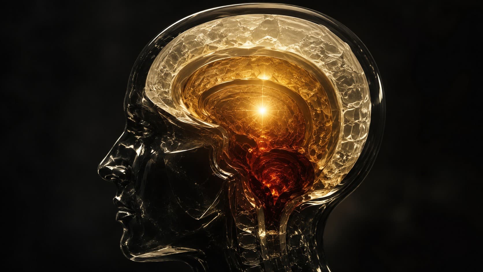 A human head in profile rendered in aurum hairline linework on obsidian, three nested regions glowing in sequence from a dim red brainstem at the base, through an amber limbic core, to a bright gold cortex and a radiant point at the centre of the skull, the same ladder drawn in neuroanatomy.
