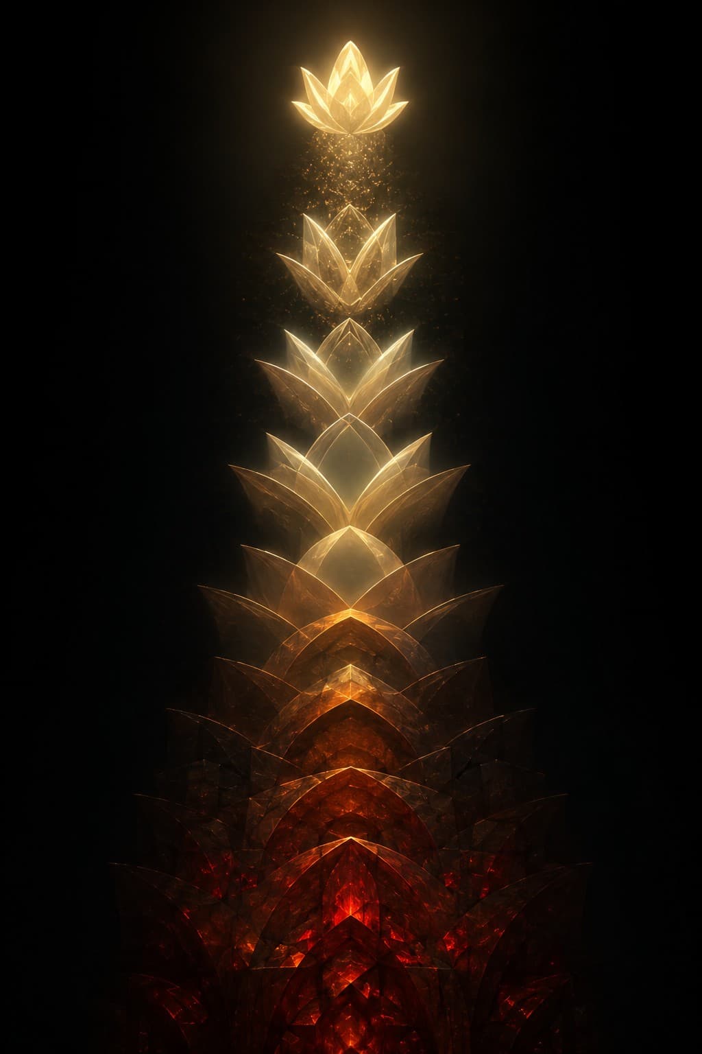 A single column of seven luminous gate-forms ascending against an obsidian field, the lowest three dense and dim in heavy ember-red and amber, the upper gates clearing to bright aurum, and a radiant crown at the very top whose light scatters faintly downward into a small cluster of dim points far below it. Aurum on black.

