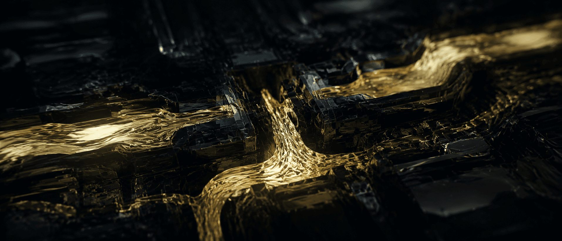 Luminous aurum ribbons of liquid metal flowing through narrow geometric channels carved into a polished obsidian crystal lattice, like a microscopic view of ion flow through a membrane gate.
