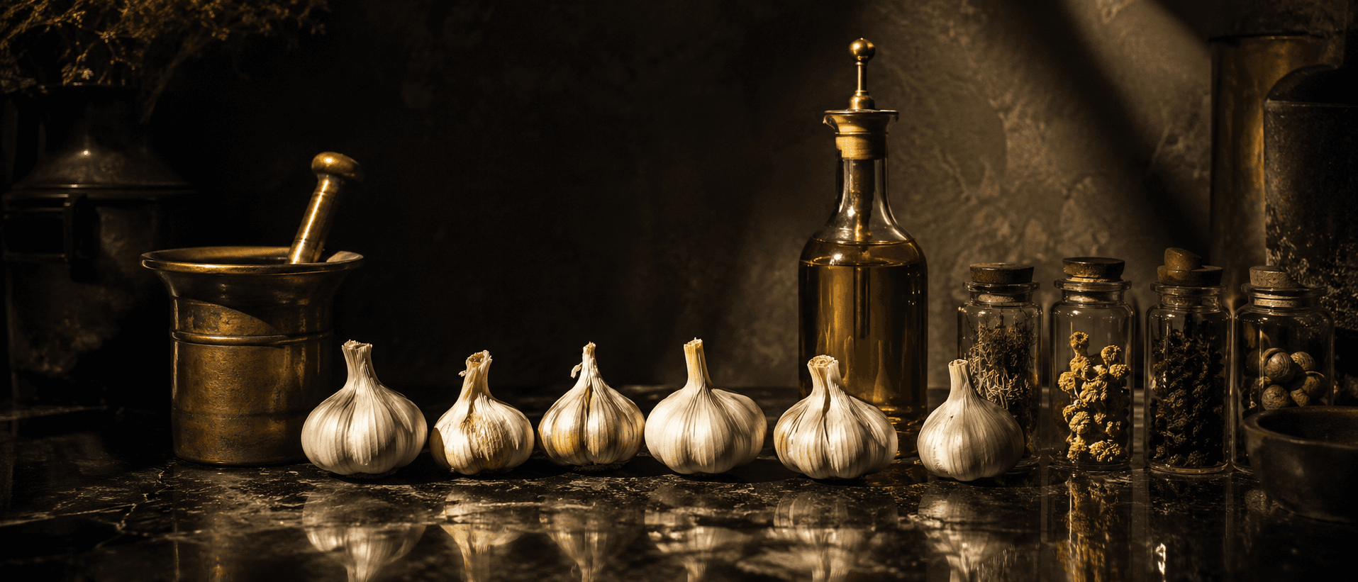 An apothecary bench arrangement of fresh garlic cloves, an amber glass bottle of golden oil with brass dropper, mortar and pestle, and small glass vials of herbs on polished obsidian, lit by aurum spotlight.