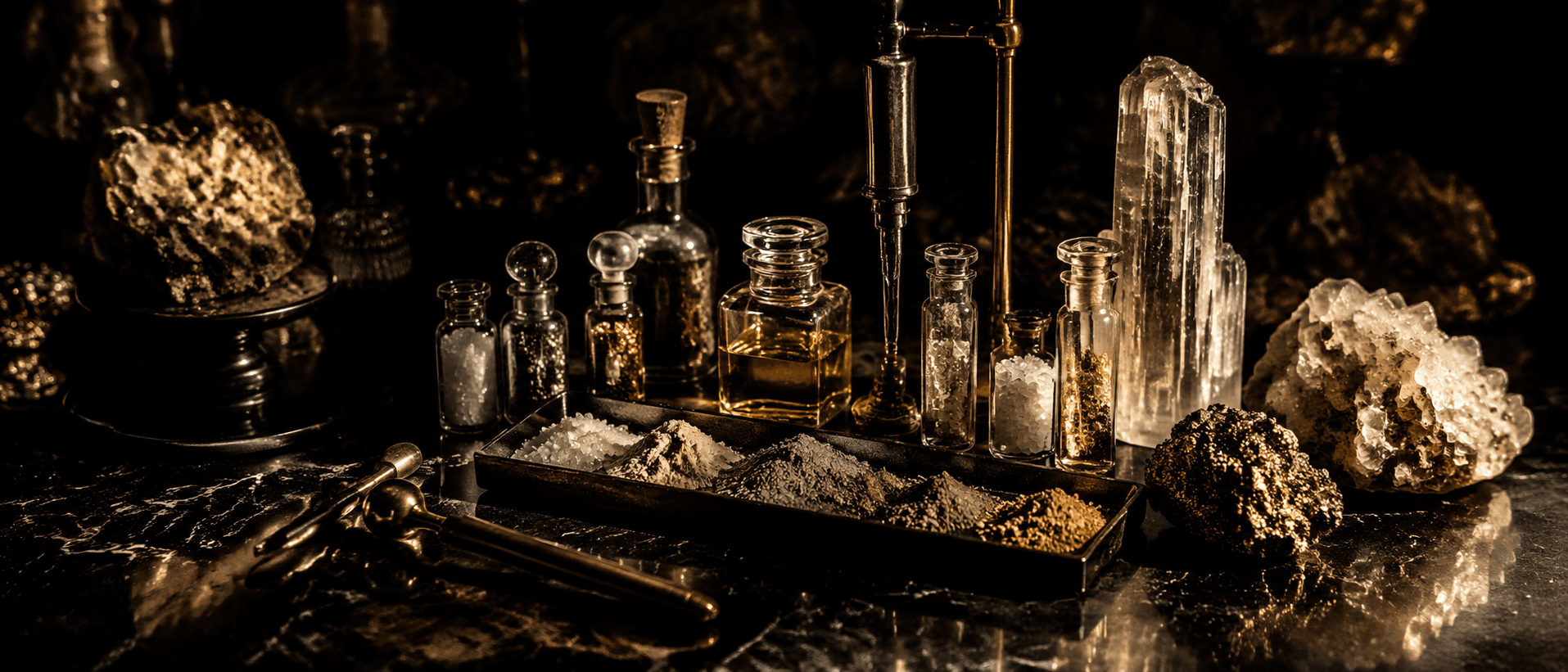 An apothecary specimen arrangement on polished obsidian — small glass vials, mineral crystal specimens, brass droppers, and a tray of fine powders, lit by aurum directional spotlight.
