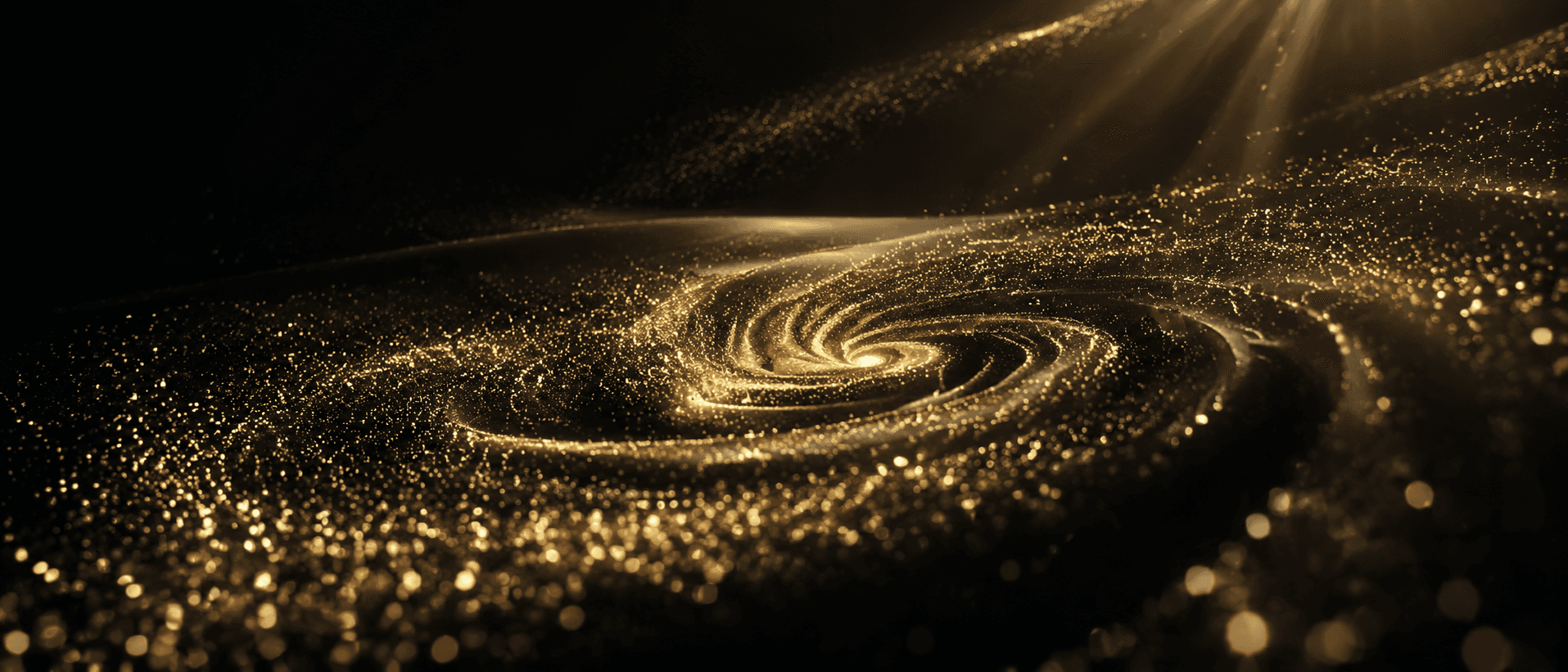 A still field of aurum particles suspended in deep obsidian void, arranged in a delicate vortex spiral as if catching directional volumetric light.