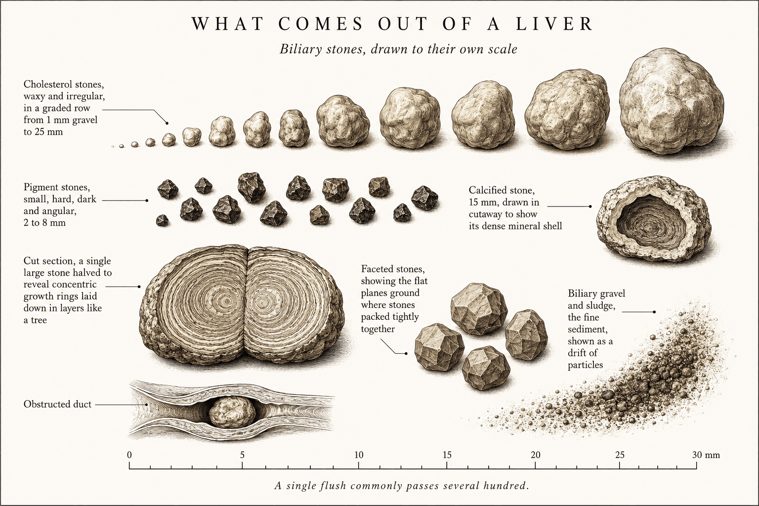 An engraved specimen plate of biliary stones drawn to a 30 mm scale: a graded row of waxy cholesterol stones, dark angular pigment stones, a calcified stone in cutaway, a large stone halved to show concentric growth rings, faceted stones, biliary gravel, and a bile duct obstructed by a single stone.