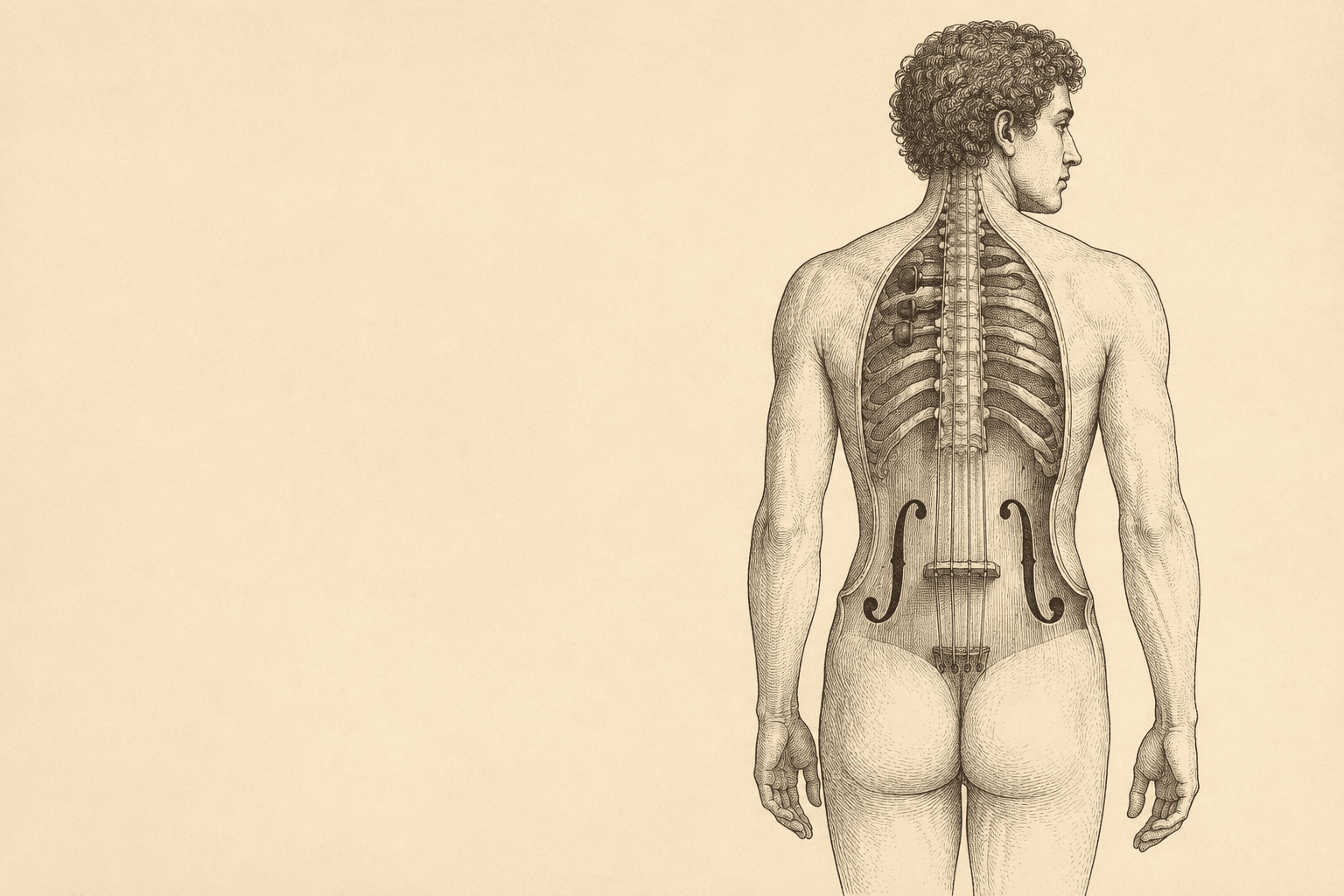 An engraved plate of a standing human figure seen from behind, the back opened to reveal the spine and ribs drawn as the strings and body of a cello, a bow resting against the lower back.