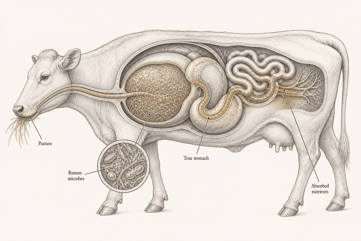 An engraved cow cutaway traces pasture into the rumen, microbial fermentation, true-stomach digestion, and intestinal absorption.