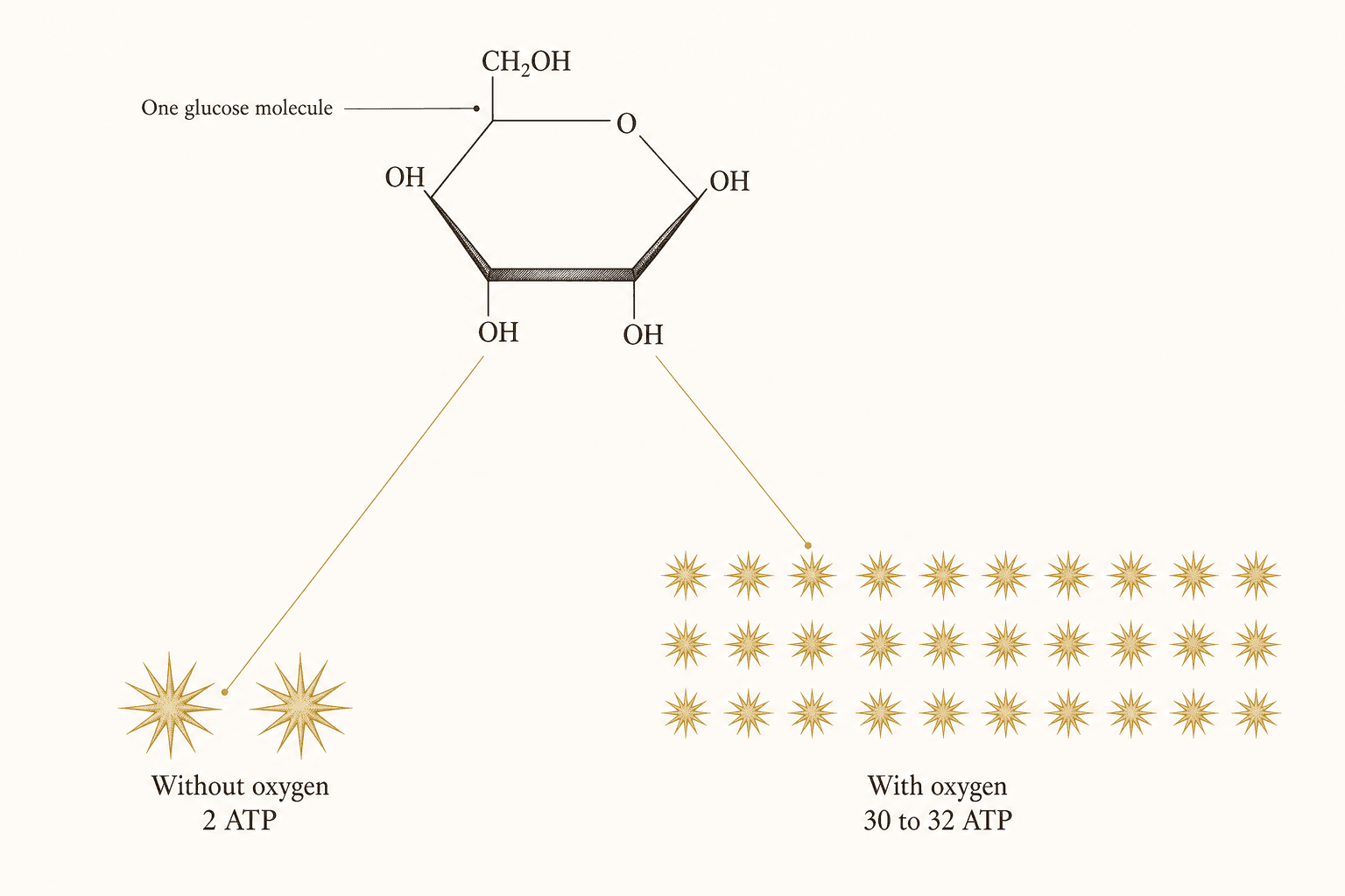Two groups of gold marks compare the energy from one glucose molecule: two marks without oxygen, thirty with oxygen in the mitochondria.