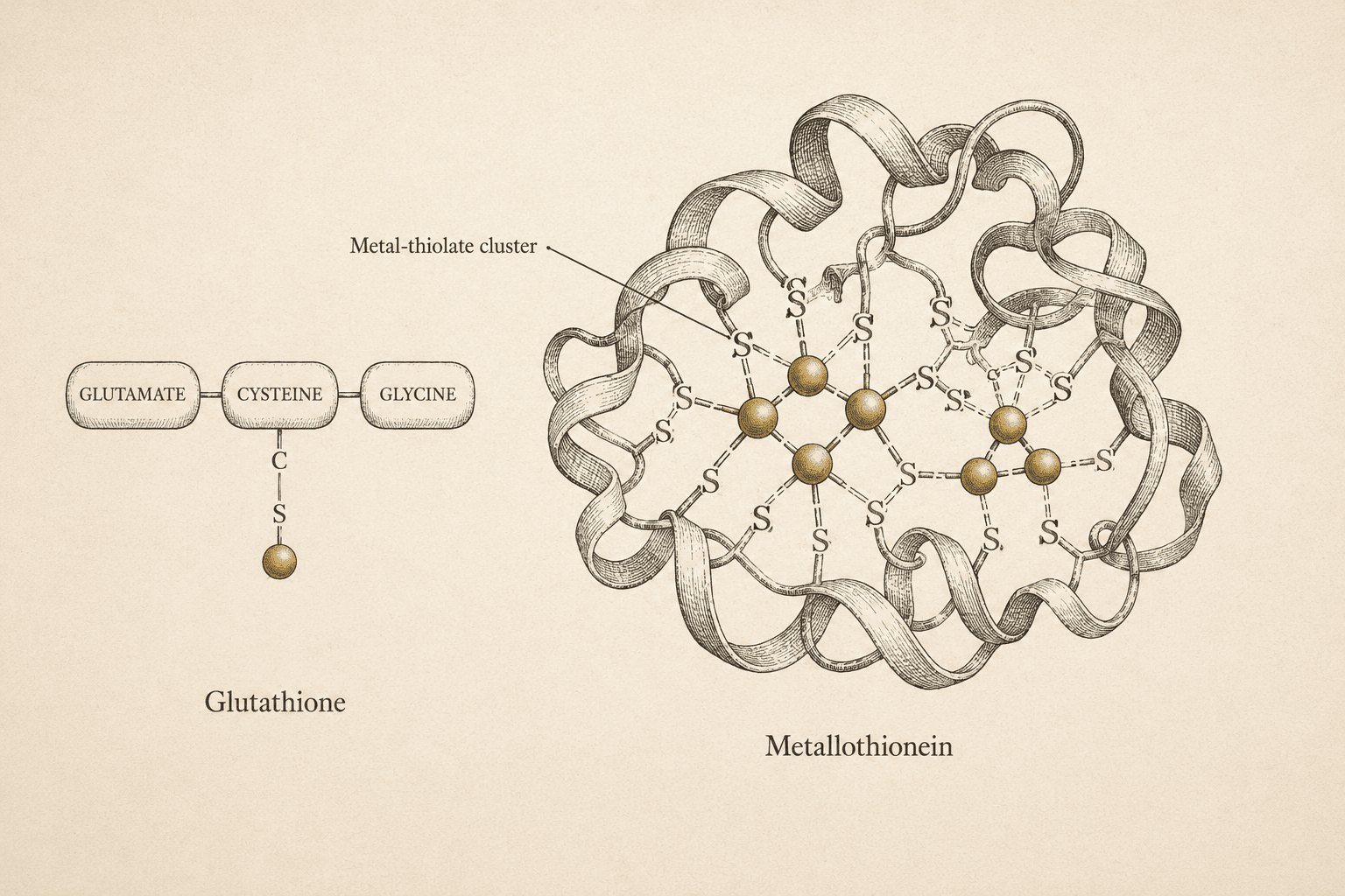 An engraved plate sets the small glutathione tripeptide, its single cysteine thiol holding one metal atom, beside the far larger metallothionein protein, whose many cysteine sulfurs cage two clusters of metal atoms inside the fold.