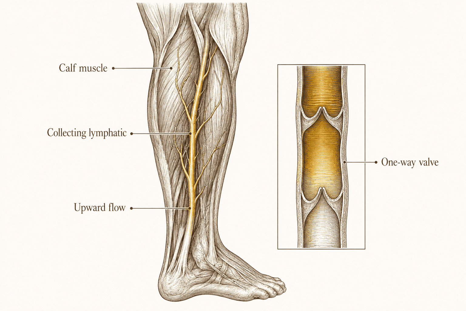 An engraved calf cutaway shows muscle surrounding a collecting lymphatic vessel, correctly oriented one-way valves, and upward lymph flow.