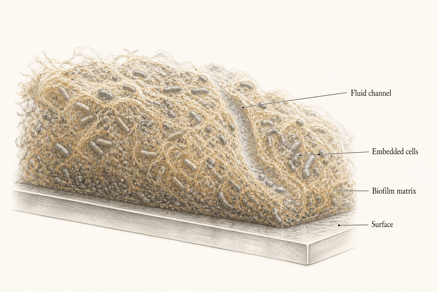 A microscopic cross-section shows bacterial cells embedded in an extracellular biofilm matrix attached to a surface, with a narrow fluid channel.