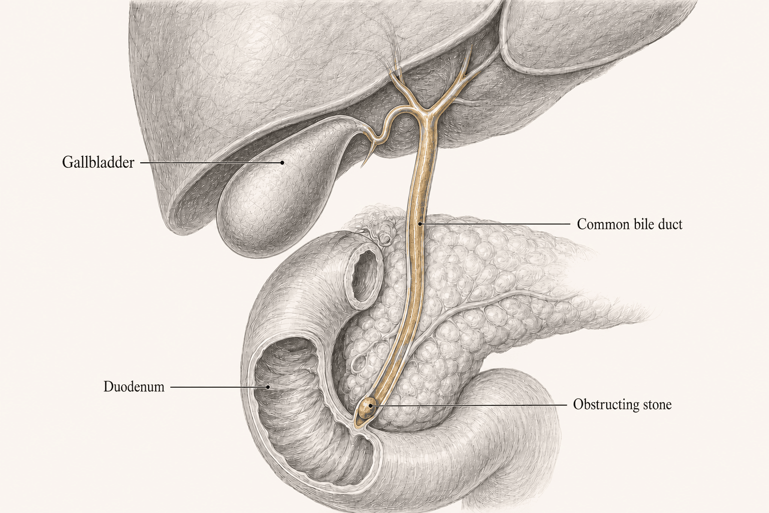 An engraved hepatobiliary cutaway shows the gallbladder, common bile duct, C-shaped duodenum, and a stone lodged at the distal duct opening.