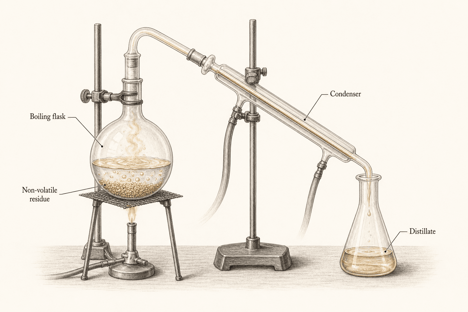 A working simple-distillation apparatus carries water vapor from a boiling flask through a condenser into a receiving flask while residue remains behind.