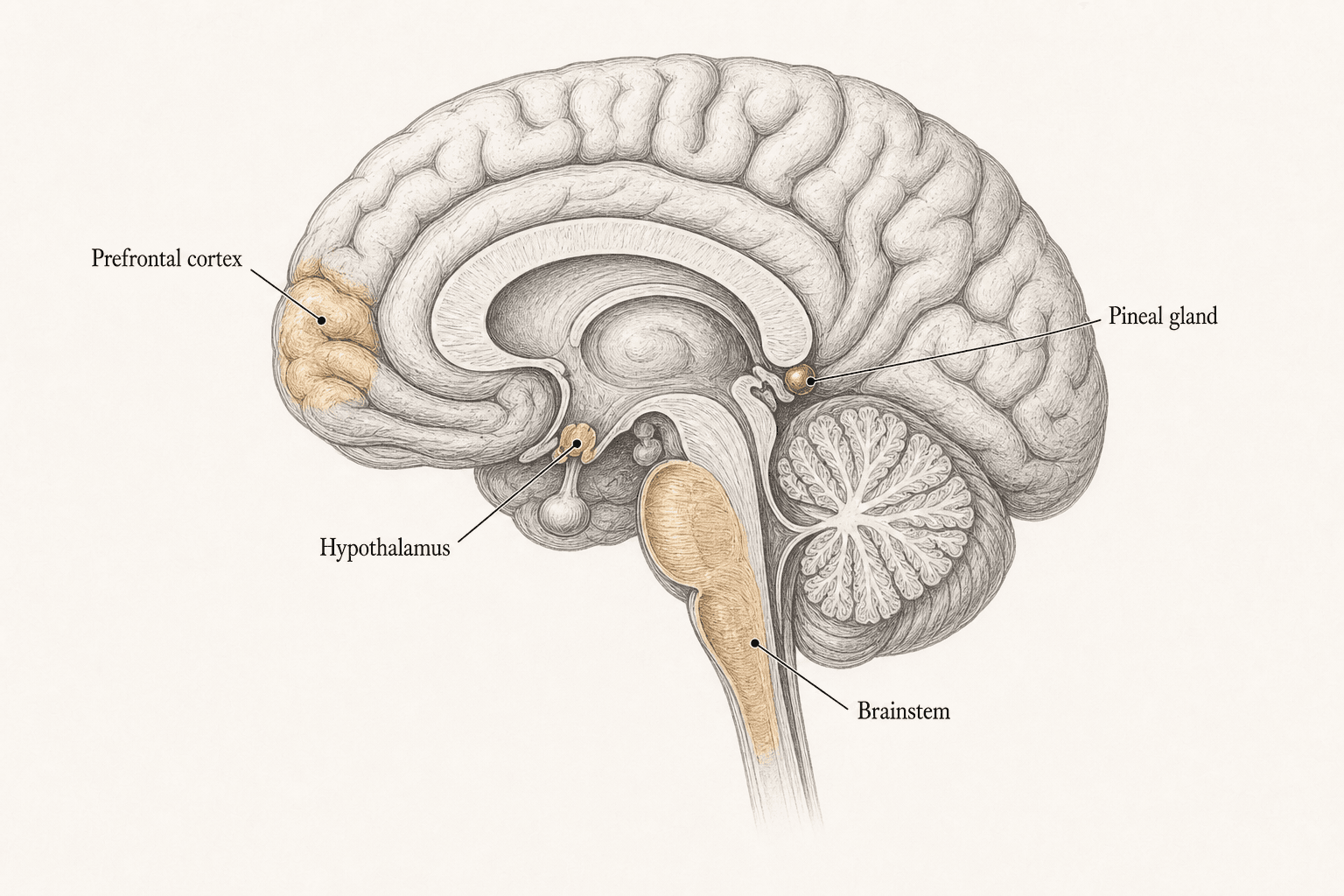 A midsagittal brain with four regions highlighted in sequence, the brainstem at the base, the hypothalamus above it, the prefrontal cortex over both, and the pineal gland at the centre of the head.