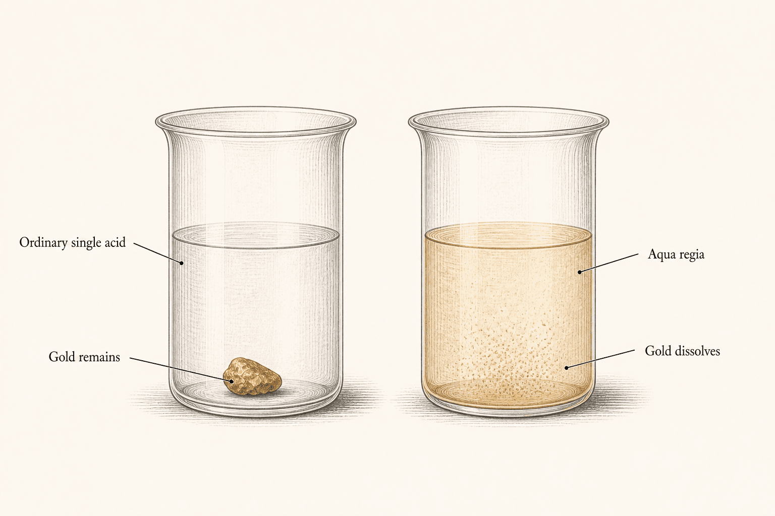 Two engraved laboratory vessels compare an intact gold sample resting in an ordinary single acid with gold taken into solution by aqua regia.