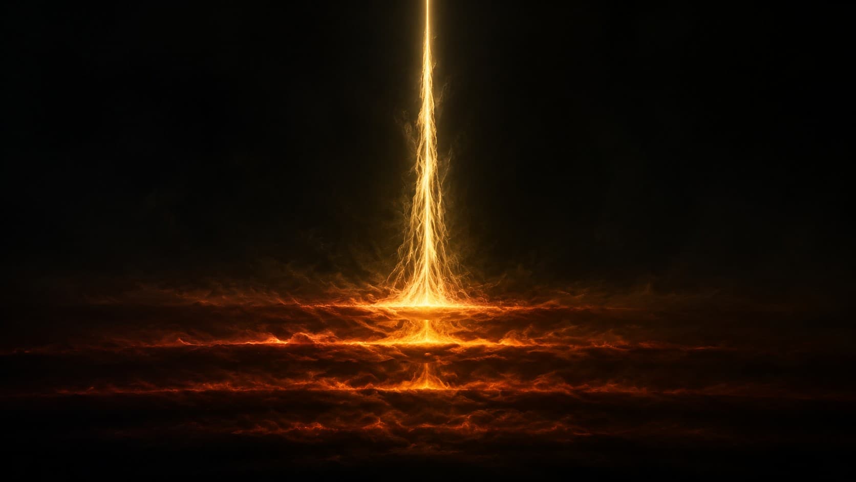 Editorial scientific still life of a single column of aurum light straining upward through deep obsidian while four heavy bands of dim red, orange and amber pressure pull it down at the base, a force held at the bottom of a vessel under load.