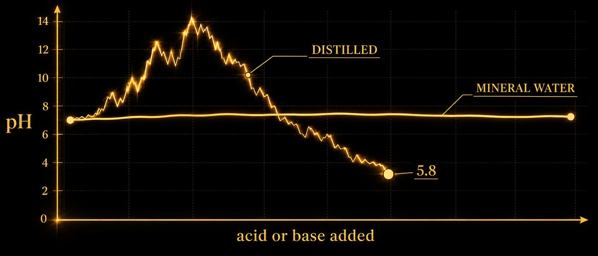 A labelled aurum line graph on obsidian, pH on the vertical axis against acid or base added on the horizontal, showing a wildly swinging distilled-water curve that drifts down to a marked point at 5.8 and a flat stable mineral-water curve.