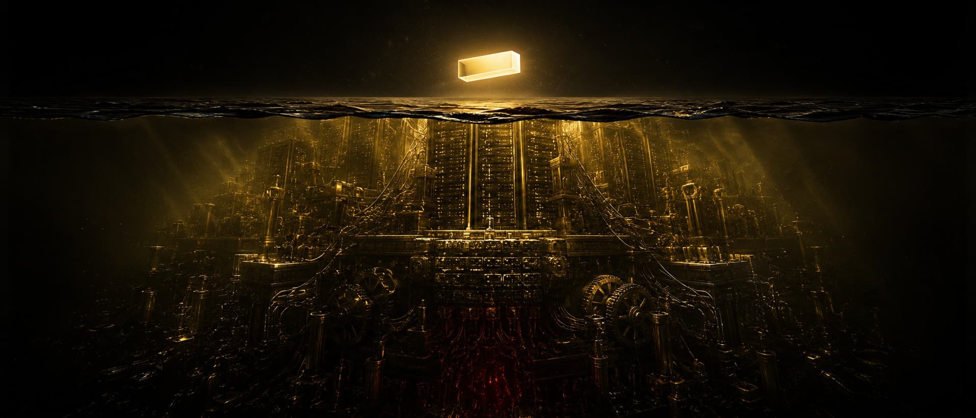 An iceberg split by a black waterline, above it a small bright weightless glowing answer box floating innocently, below it a colossal submerged cathedral of machinery, server racks, cables, gears and stacked vaults of capital dwarfing the little box, aurum light raking the submerged mass with a faint crimson glow in the depths.