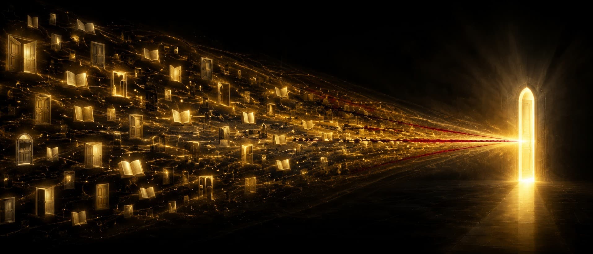 A wide fan of a hundred small glowing doors and pages on the left, plural and scattered, streaming rightward and converging until they collapse into a single tall glowing doorway on the right, a thin seam of crimson where the many fuse into the one, rendered in aurum on obsidian.