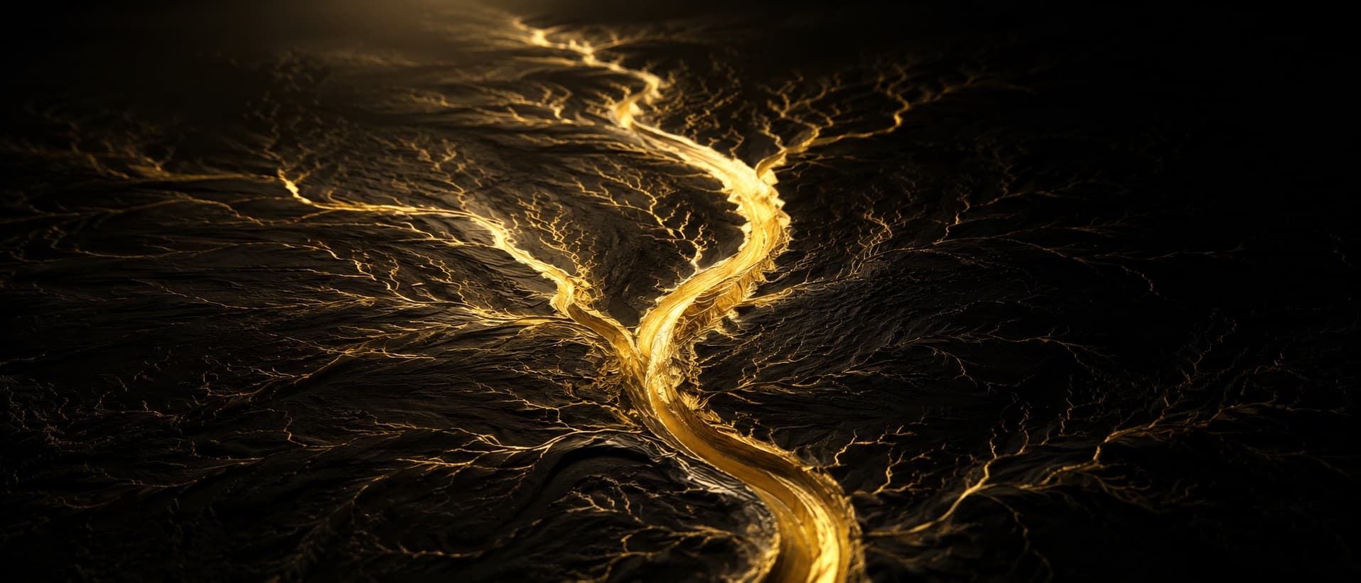 A network of fine neural pathways on deep obsidian, one channel fired repeatedly and grown thick and brilliant aurum while the unused branches around it fade to faint threads, like a deepening riverbed of gold light against black.